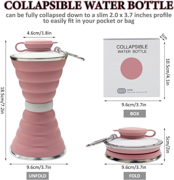SAKUUMI 500ml Collapsible Silicone Water Bottle with Carabiner & Strap, Pink