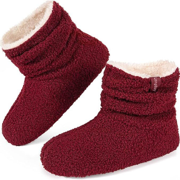 LongBay Women's Warm Fluffy Bootie Slippers, Wine, Memory Foam