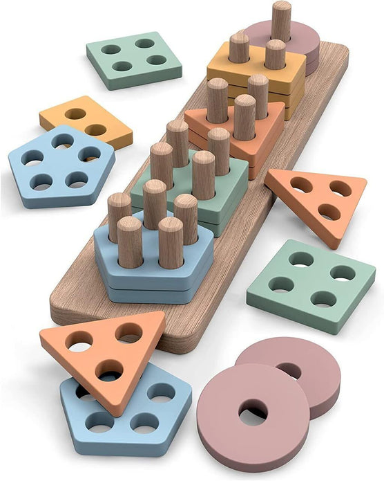 Wooden Sorting & Stacking Toys - Geometric Matching Puzzle with Lacing String