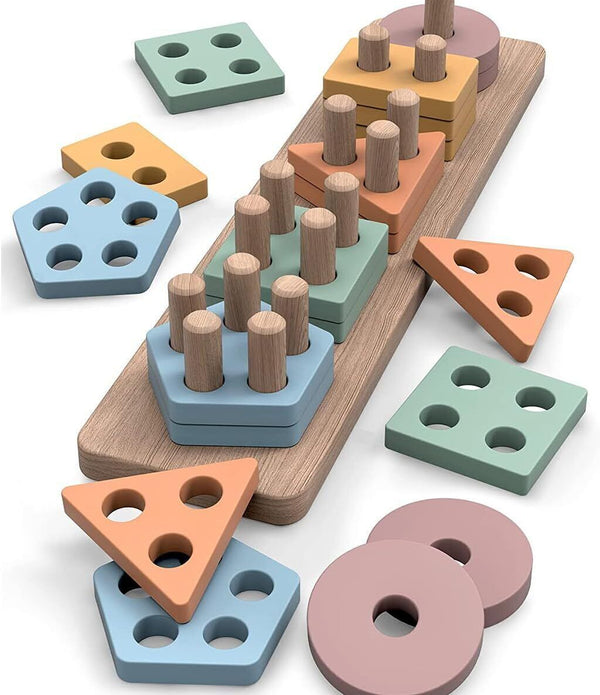 Wooden Sorting & Stacking Toys - Geometric Matching Puzzle with Lacing String