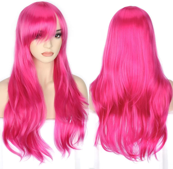 YEESHEDO 28in Long Wavy Cosplay Wig w/Bangs Heat-Resistant Synthetic - Rose Pink