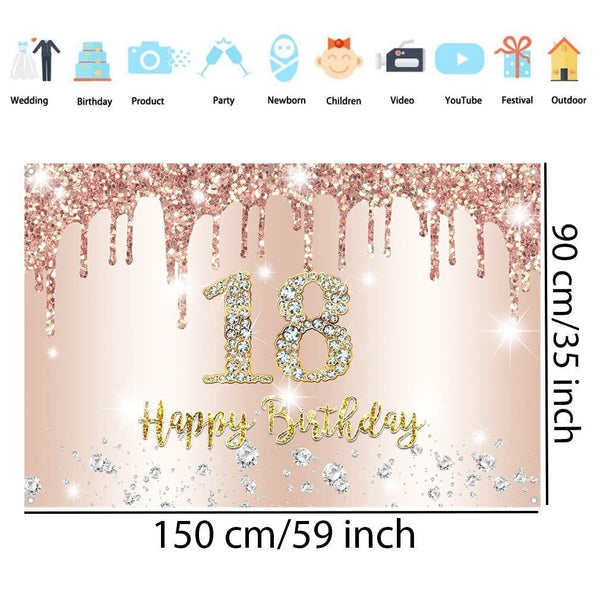 Happy 18th Birthday Backdrop Banner - Rosegold Fabric Sign, 150x90cm