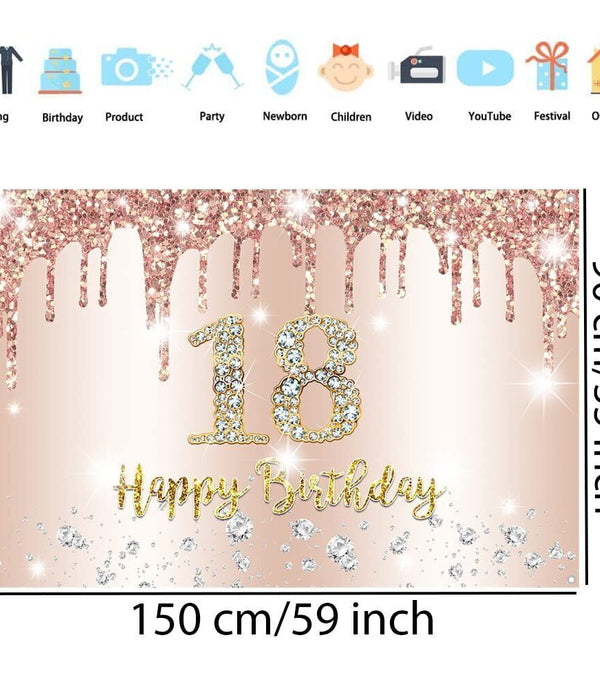 Happy 18th Birthday Backdrop Banner - Rosegold Fabric Sign, 150x90cm