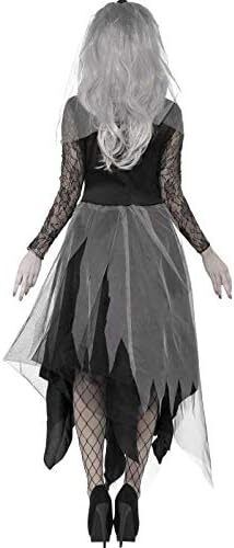 Graveyard Bride Costume Black Dress&Rose Veil Halloween Adult Fancy Dress S24-26