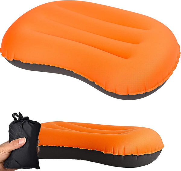 Ultralight Camping Inflating Travel Pillow Orange Ergonomic Neck Lumbar Support