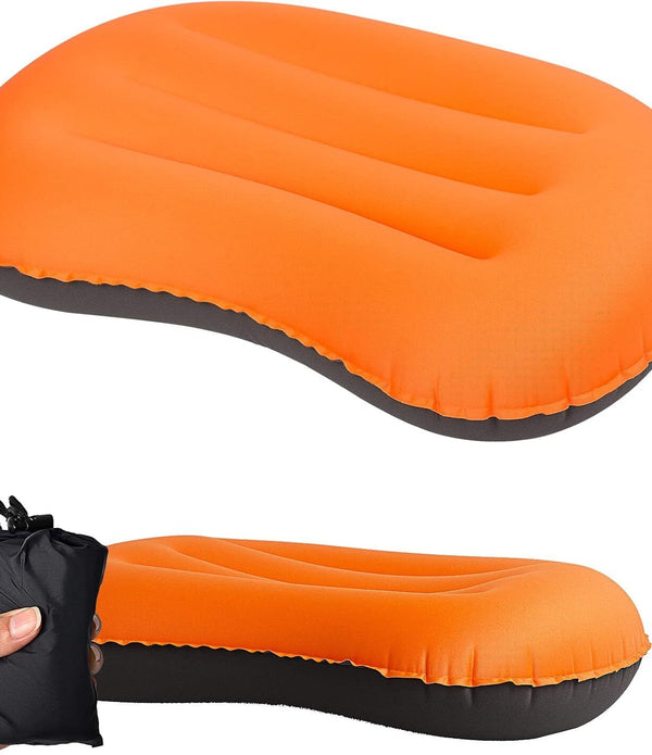 Ultralight Camping Inflating Travel Pillow Orange Ergonomic Neck Lumbar Support