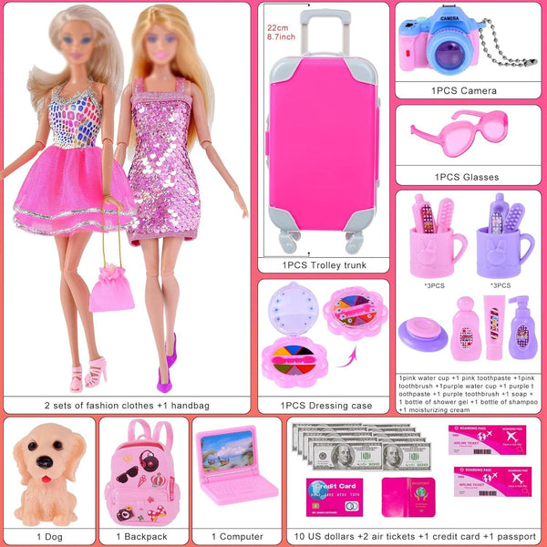 35pc Fashion Doll Clothes Dress Accessories Travel Suitcase Set NO DOLL Age 3+