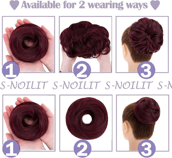 S-noilite Curly Hair Scrunchies for Women, Donut Updo Hair Bun, Wine Red