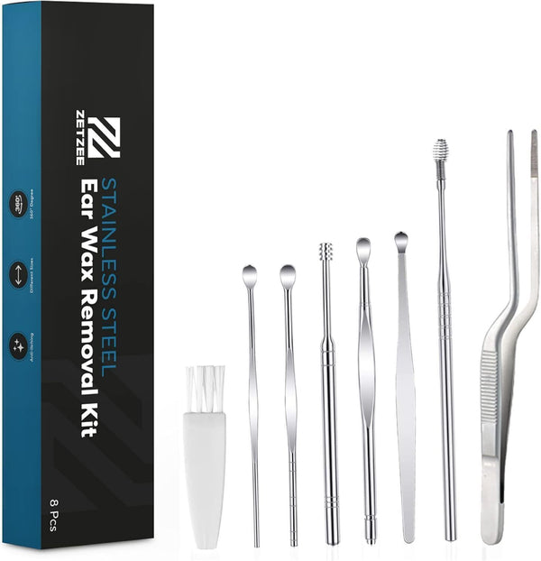 ZetZee Ear Wax Removal Kit - Set of 8 Stainless Steel Ear Cleaners