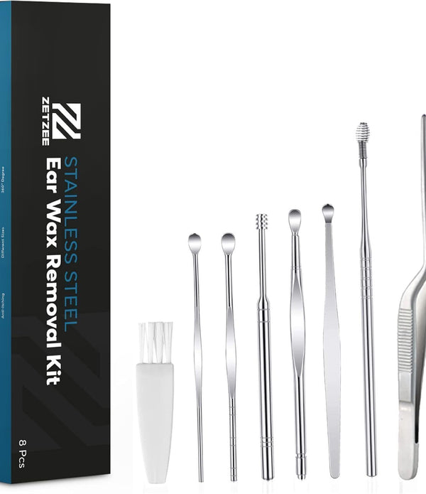 ZetZee Ear Wax Removal Kit - Set of 8 Stainless Steel Ear Cleaners