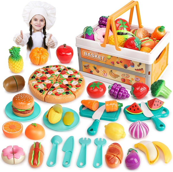 kramow Play Kitchen Food Sets for Children - Cutting Fruits & Veggies & Basket