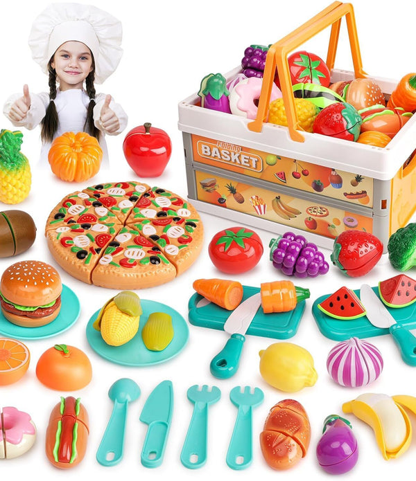 kramow Play Kitchen Food Sets for Children - Cutting Fruits & Veggies & Basket