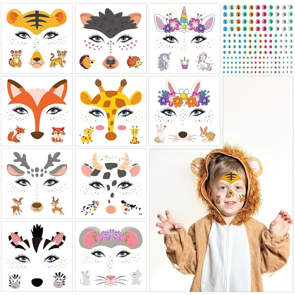 Animal Face Temporary Tattoos with Rhinestones - Unicorn, Halloween