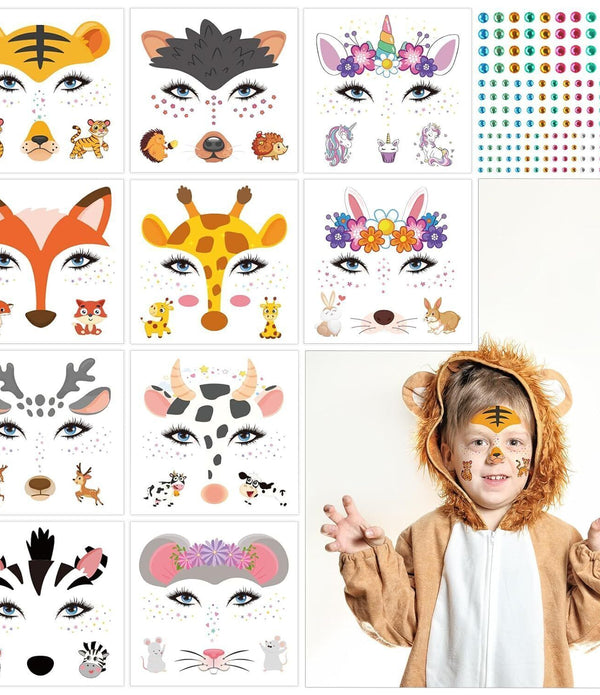 Animal Face Temporary Tattoos with Rhinestones - Unicorn, Halloween