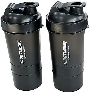 2 Pack Protein Shakers with Compartments for Sports & Fitness, Black