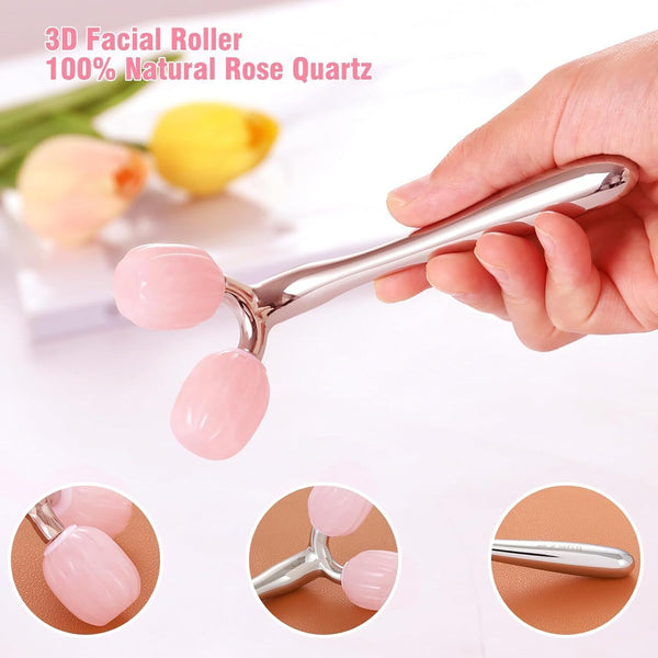 Azymi 3D Rose Quartz Roller & Gua Sha Set Eye Puffiness Face Lift