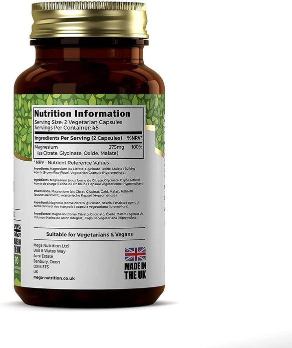 Ezyleaf Magnesium Complex 375mg - 90 Vegan Capsules, Glycinate, Malate, Citrate