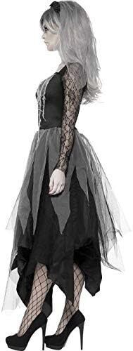 Graveyard Bride Costume Black Dress&Rose Veil Halloween Adult Fancy Dress S24-26