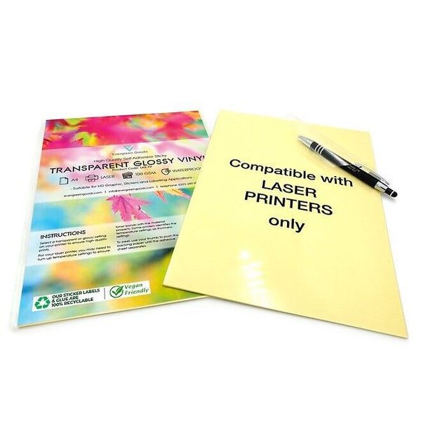 Transparent Glossy Vinyl Sticker Paper for Printing Laser Printers Only, 50 Pack