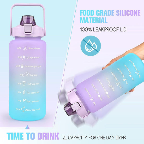 2L BPA-Free Water Bottle, Sports Jug with Time Marking & Leak-Proof Handle