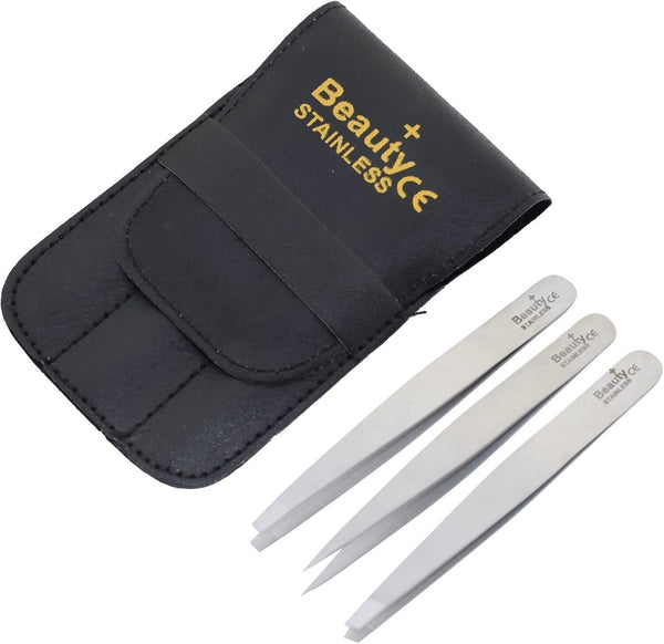 Beauty+ Precision Tweezers Set  3 Tweezers with Carry Pouch, Satin Steel