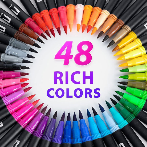 Dual Tip Brush Pens 48 Colors - Art Markers for Journaling