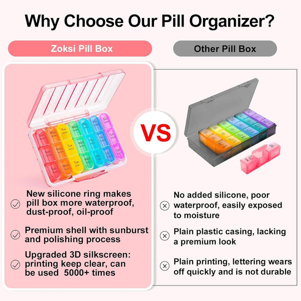 Zoksi Moisture-Proof Pill Organiser 7 Day Daily Pill Box 21 Compartments Pink