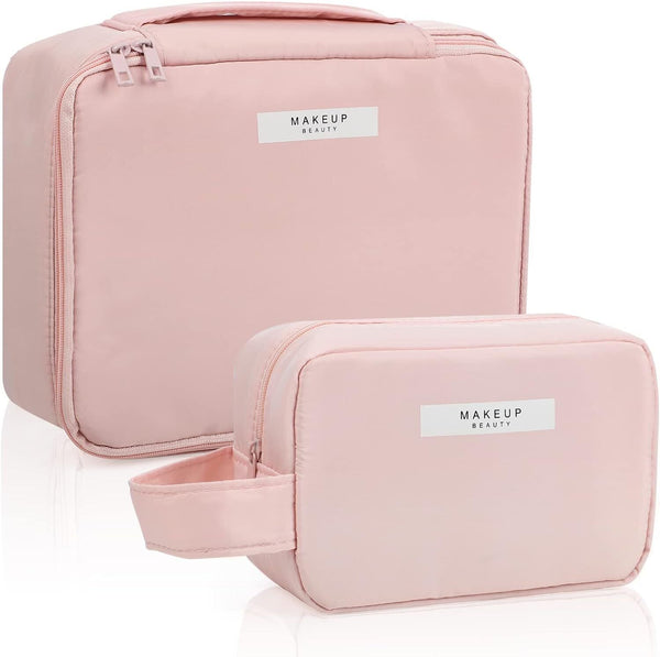 2Pcs Travel Makeup Bags, Waterproof Cosmetic Organizers for Women & Girls (Pink)