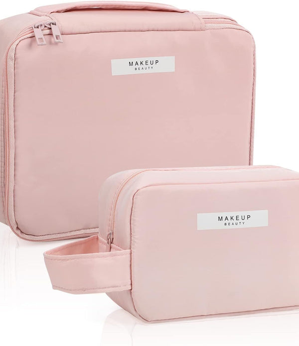 2Pcs Travel Makeup Bags, Waterproof Cosmetic Organizers for Women & Girls (Pink)