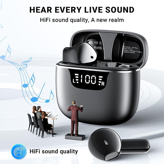 Bluetooth 5.3 Wireless Earbuds Black 4 Mic ENC NC 42H LED Display