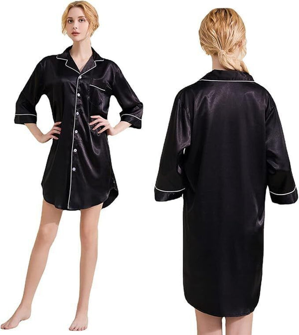 Women's Satin Boyfriend Nightshirt, Button-Down, Pockets, Sleepwear, Black, XXL