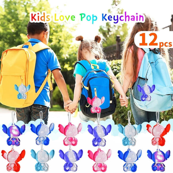 12PCS Pop Keyring It Fidget Toys Pack Party Favors Bag Fillers for Kids, Stitch