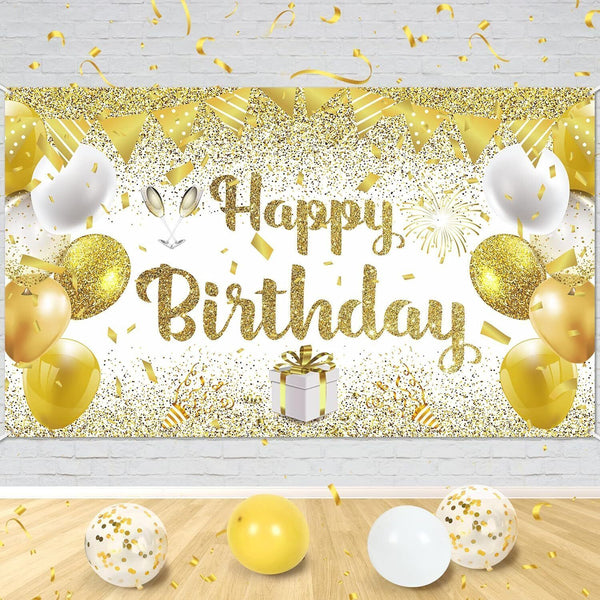 Gold & White Birthday Party Decorations Banner - 70.8"x43.3" Large Backdrop