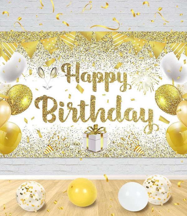 Gold & White Birthday Party Decorations Banner - 70.8