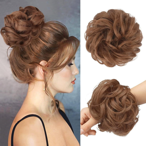 FESHFEN Messy Bun Hair Scrunchie, Thick Curly Synthetic, Light Auburn