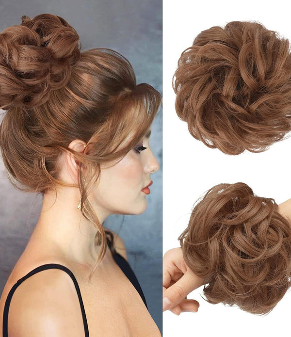 FESHFEN Messy Bun Hair Scrunchie, Thick Curly Synthetic, Light Auburn