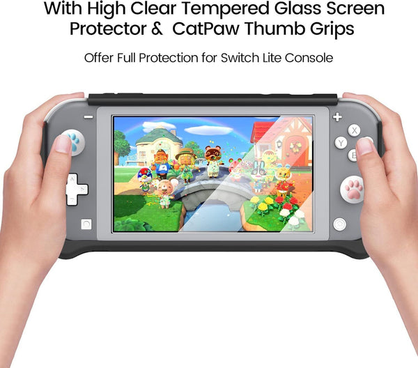 LEYUSMART Switch Lite Protector Case + Screen Protector + 2 Thumb Caps - Black