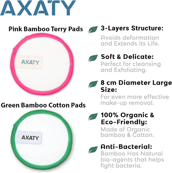 AXATY 3 Layers 20 Reusable Makeup Remover Pads Organic Bamboo Cotton Rounds Eco