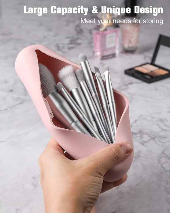 Large Travel Makeup Brush Holder - Pink Magnetic Silicone