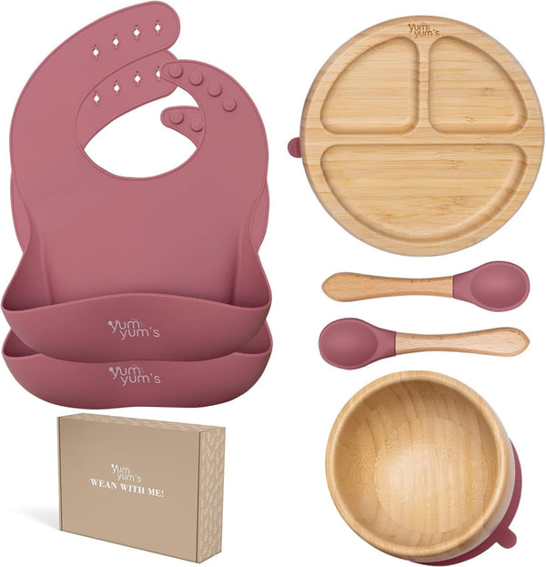 Yum Yum's Set of 6, Baby Feeding Set - Suction Silicone & Bamboo Plates