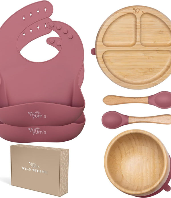 Yum Yum's Set of 6, Baby Feeding Set - Suction Silicone & Bamboo Plates