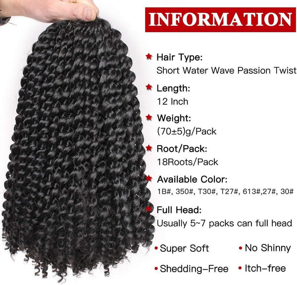 7x Water Wave Crochet Braids Hair Extensions  Spring Twist Braid, 12 Inch, Black