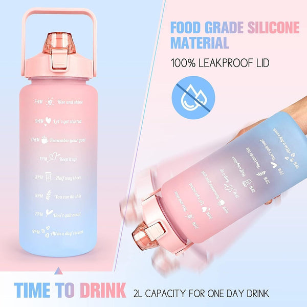 2L Water Bottle Motivational Drink Flask With Time Markings BPA Free Sports Gym