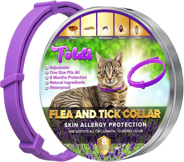 Toldi Cat Flea & Tick Treatment - Waterproof, 2 Adjustable Collars, Purple