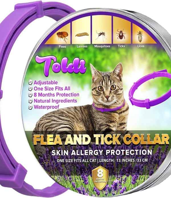 Toldi Cat Flea & Tick Treatment - Waterproof, 2 Adjustable Collars, Purple