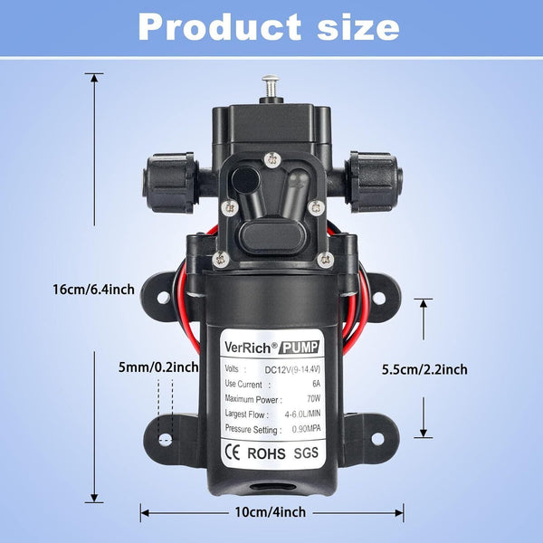 VerRich 12V Diaphragm Water Pump 70W 6L/Min 0.9MPA M18 Connector