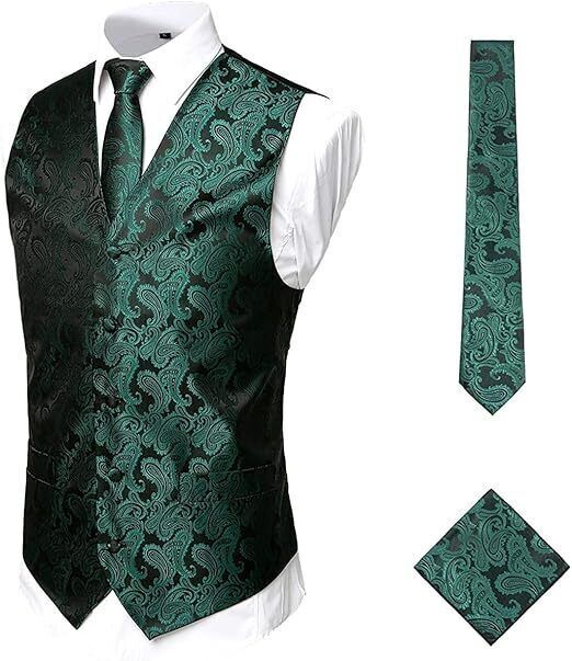 3pc Paisley Waistcoat Set, Wedding Prom Vest with Necktie - 3XL - GREEN BLACK