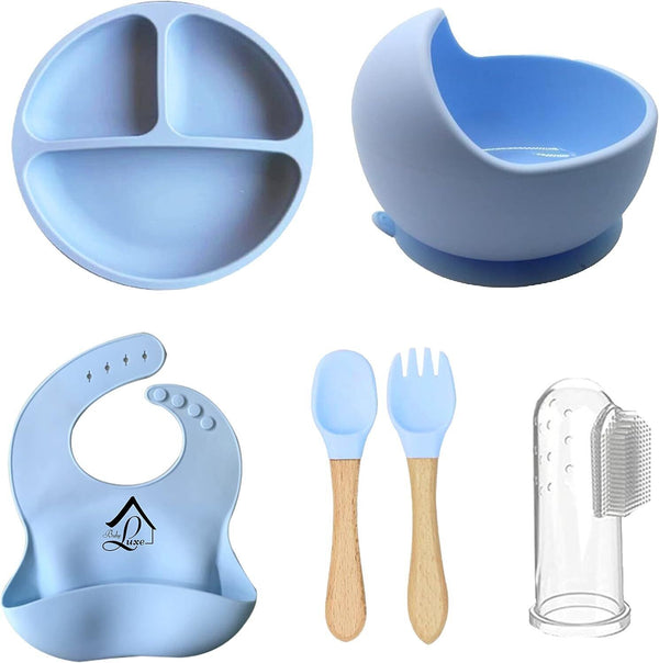 Baby Luxe 5pc Weaning Set + Free Teething Toothbrush, Suction Plate Bowl