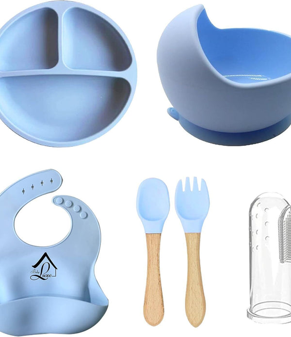 Baby Luxe 5pc Weaning Set + Free Teething Toothbrush, Suction Plate Bowl