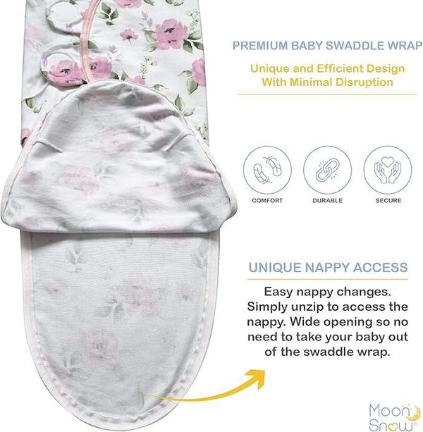 Baby Swaddle Wrap 3-Pack, 0-3 Months, Organic Cotton, Floral Pink, Zipper